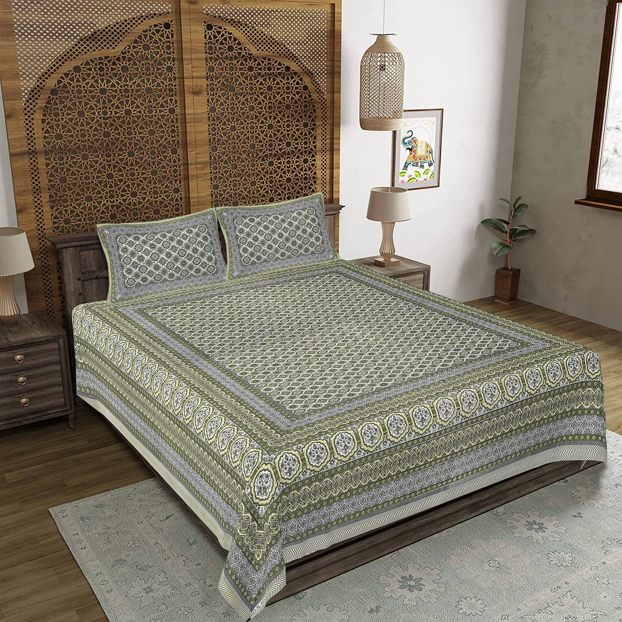 Rudra Bazaar Green 210 TC Cotton Double King Bedsheet With 2 Pillow Covers | Grocsy