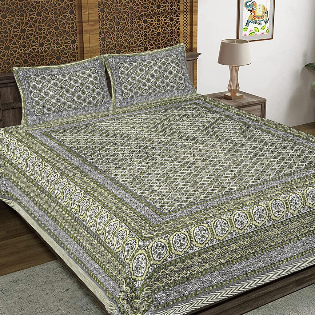 Rudra Bazaar Green 210 TC Cotton Double King Bedsheet With 2 Pillow Covers | Grocsy