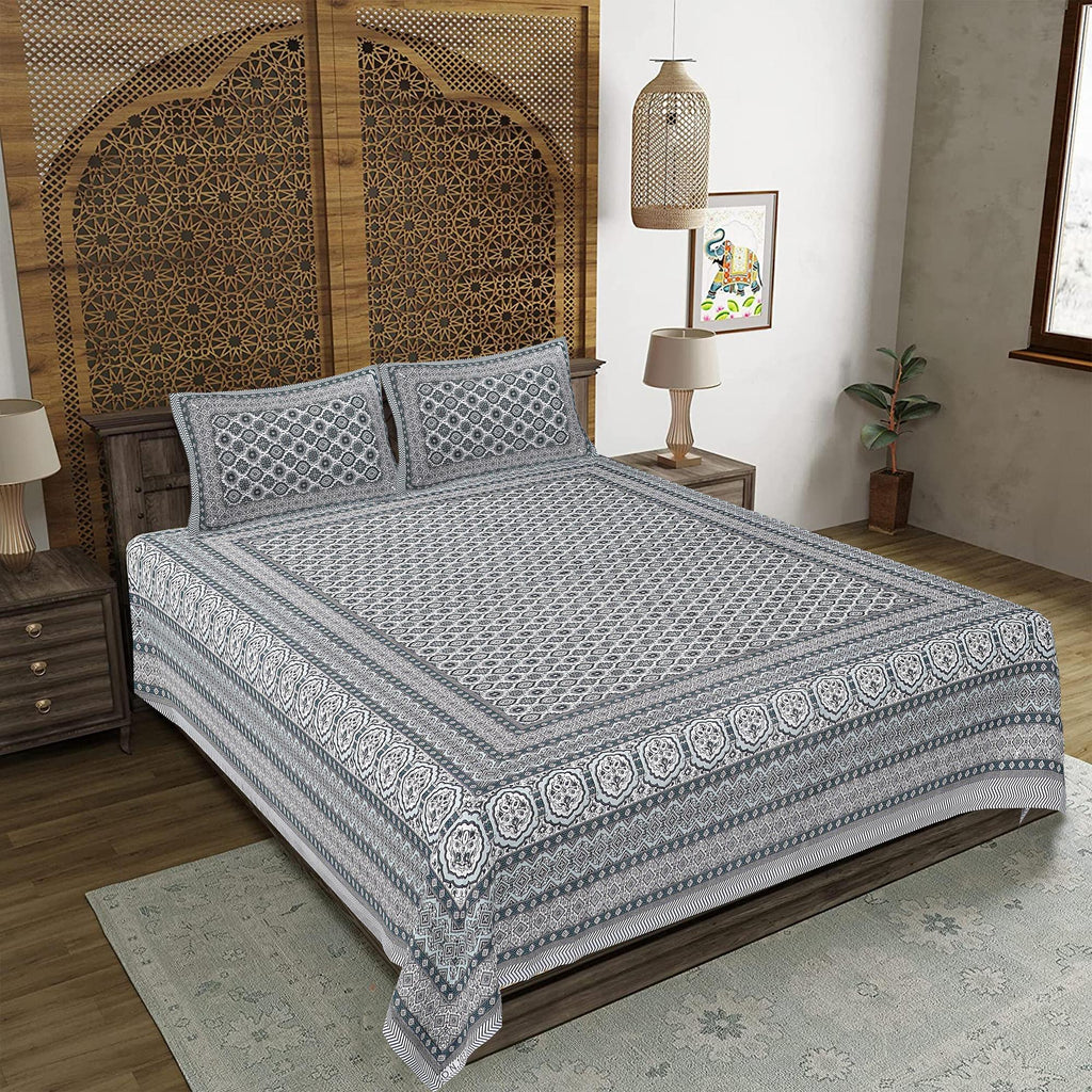 Rudra Bazaar Grey 210 TC Cotton Double King Bedsheet With 2 Pillow Covers | Grocsy