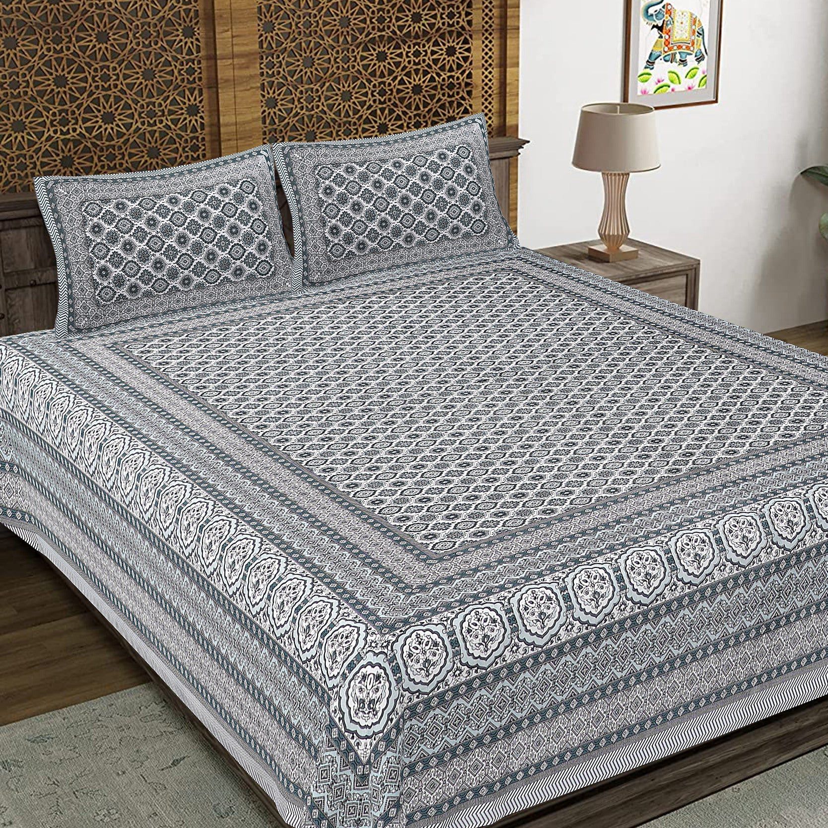Rudra Bazaar Grey 210 TC Cotton Double King Bedsheet With 2 Pillow Covers | Grocsy