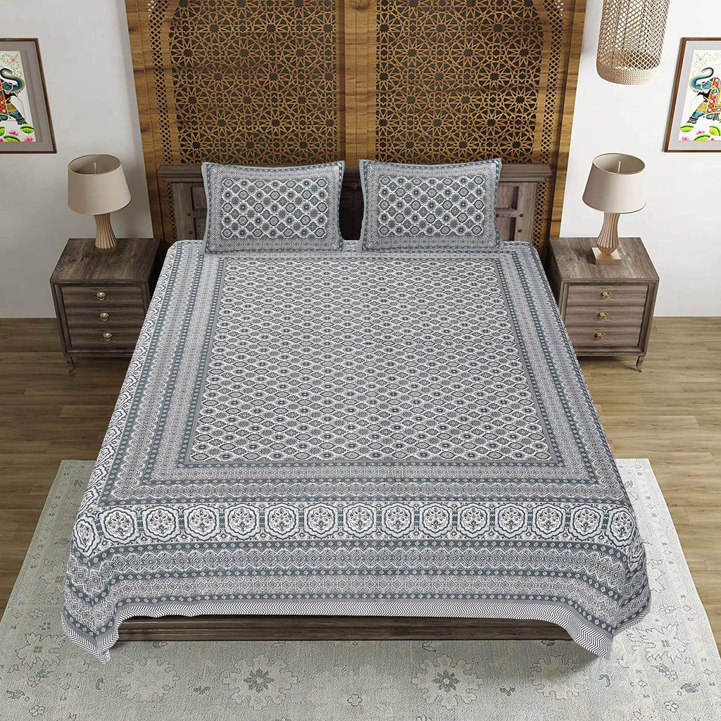 Rudra Bazaar Grey 210 TC Cotton Double King Bedsheet With 2 Pillow Covers | Grocsy