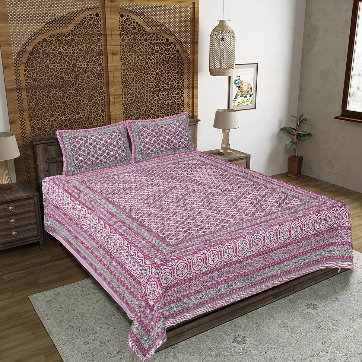 Rudra Bazaar Pink 210 TC Cotton Double King Bedsheet With 2 Pillow Covers | Grocsy