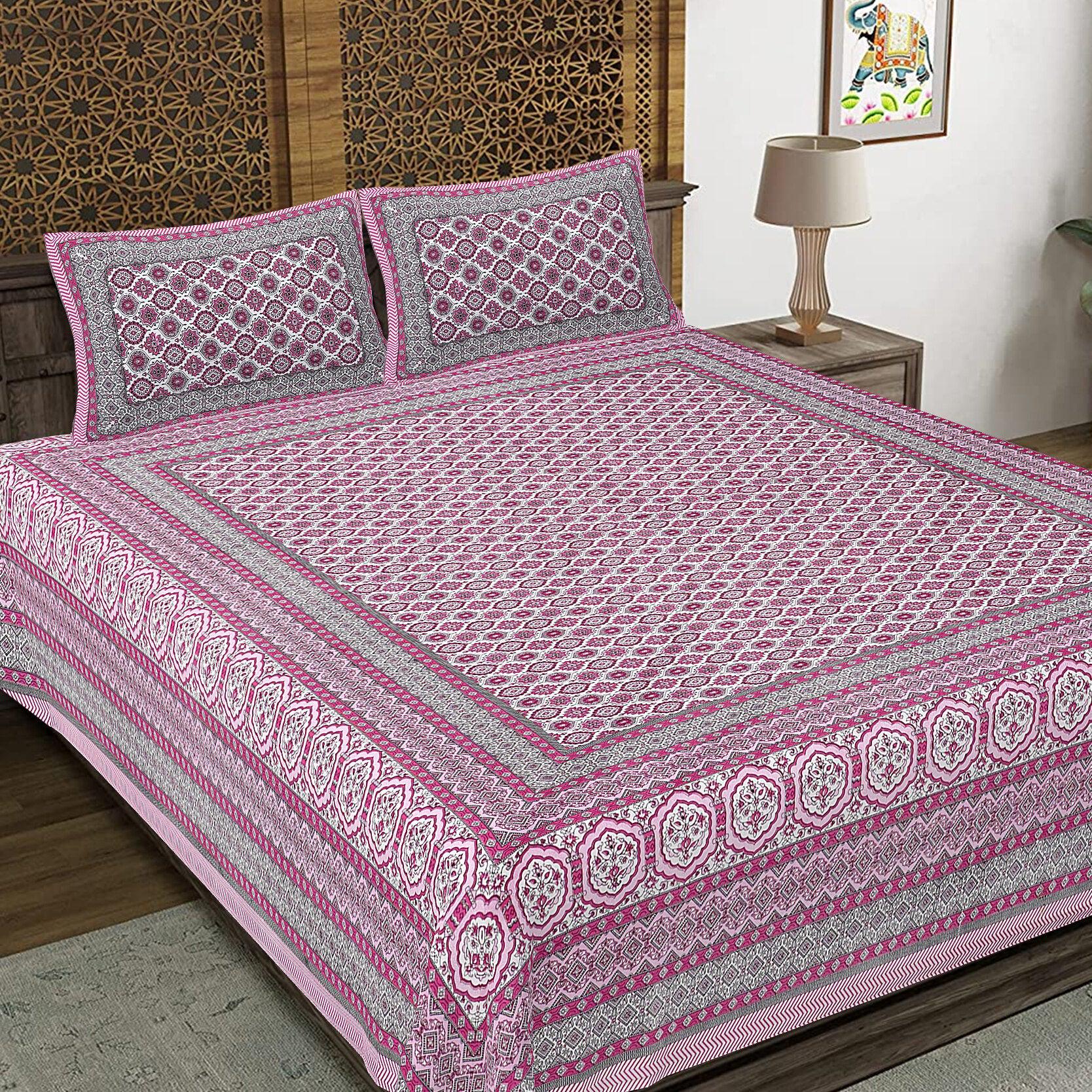 Rudra Bazaar Pink 210 TC Cotton Double King Bedsheet With 2 Pillow Covers | Grocsy