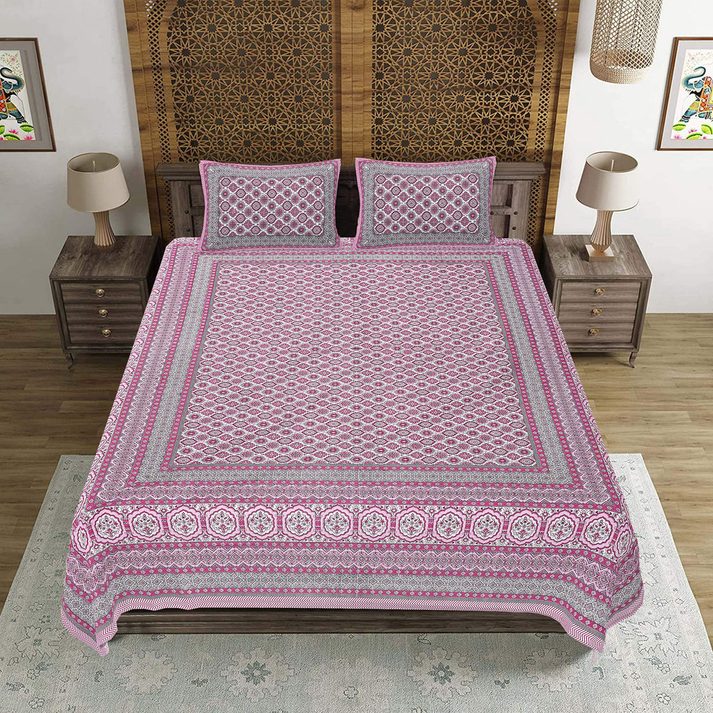 Rudra Bazaar Pink 210 TC Cotton Double King Bedsheet With 2 Pillow Covers | Grocsy