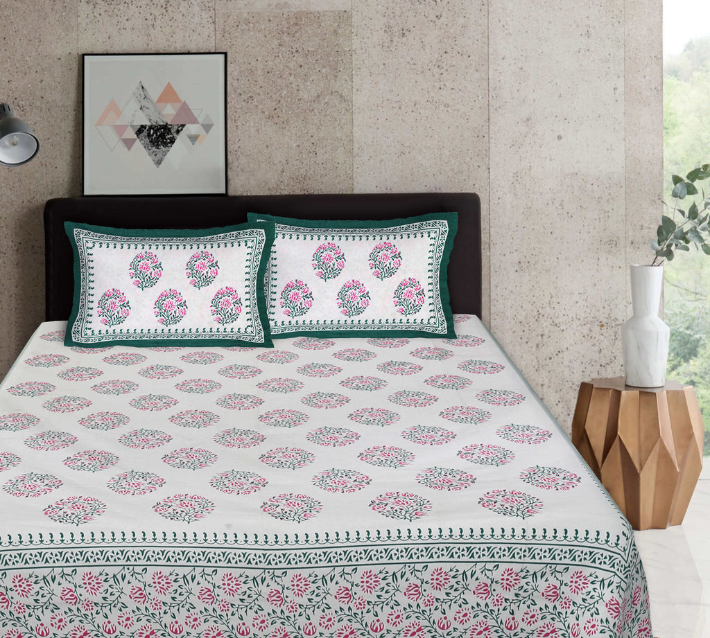 Rudra Bazaar Sea Green 210 TC Cotton Double King Bedsheet With 2 Pillow Covers | Grocsy