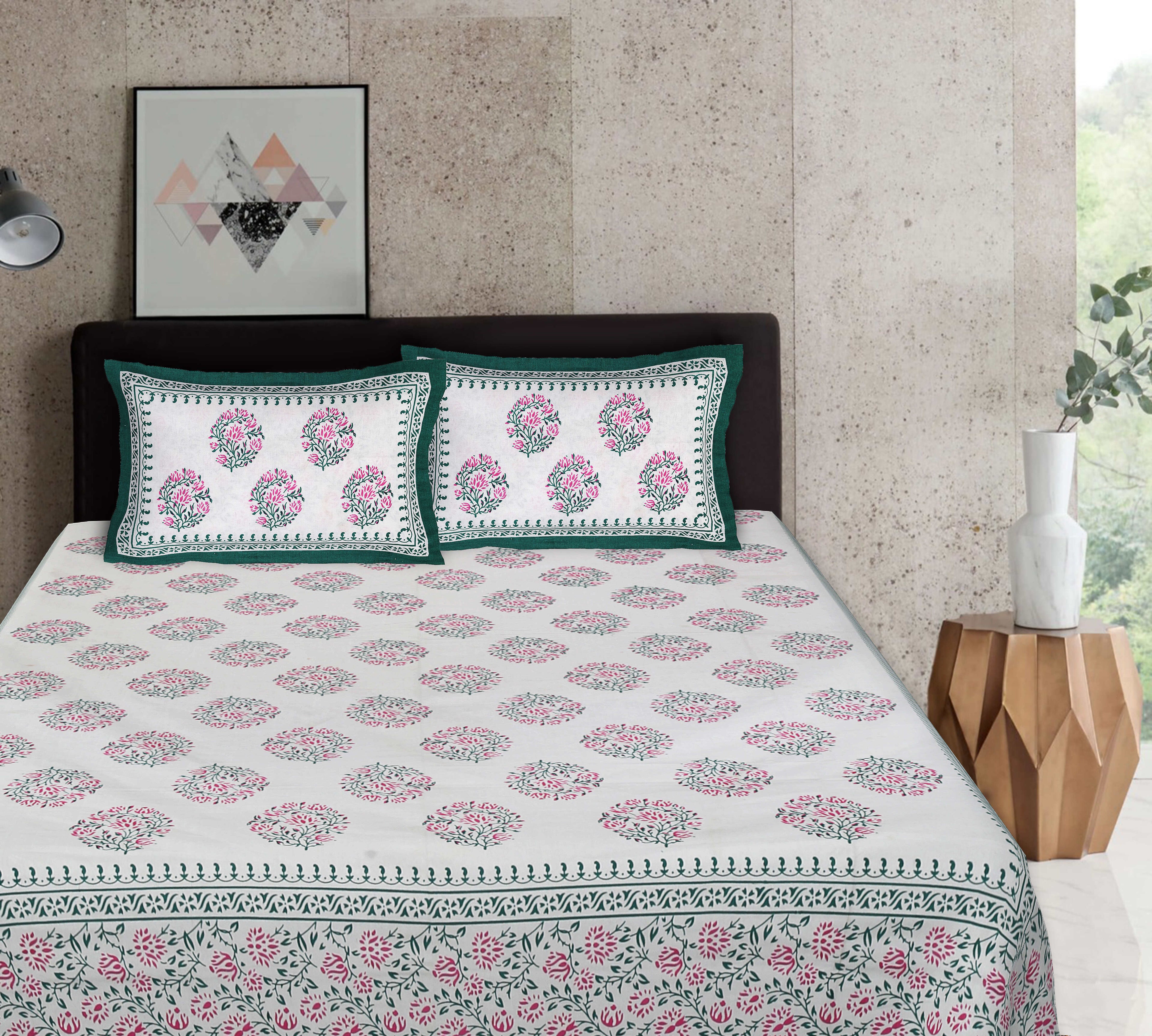 Rudra Bazaar Sea Green 210 TC Cotton Double King Bedsheet With 2 Pillow Covers | Grocsy