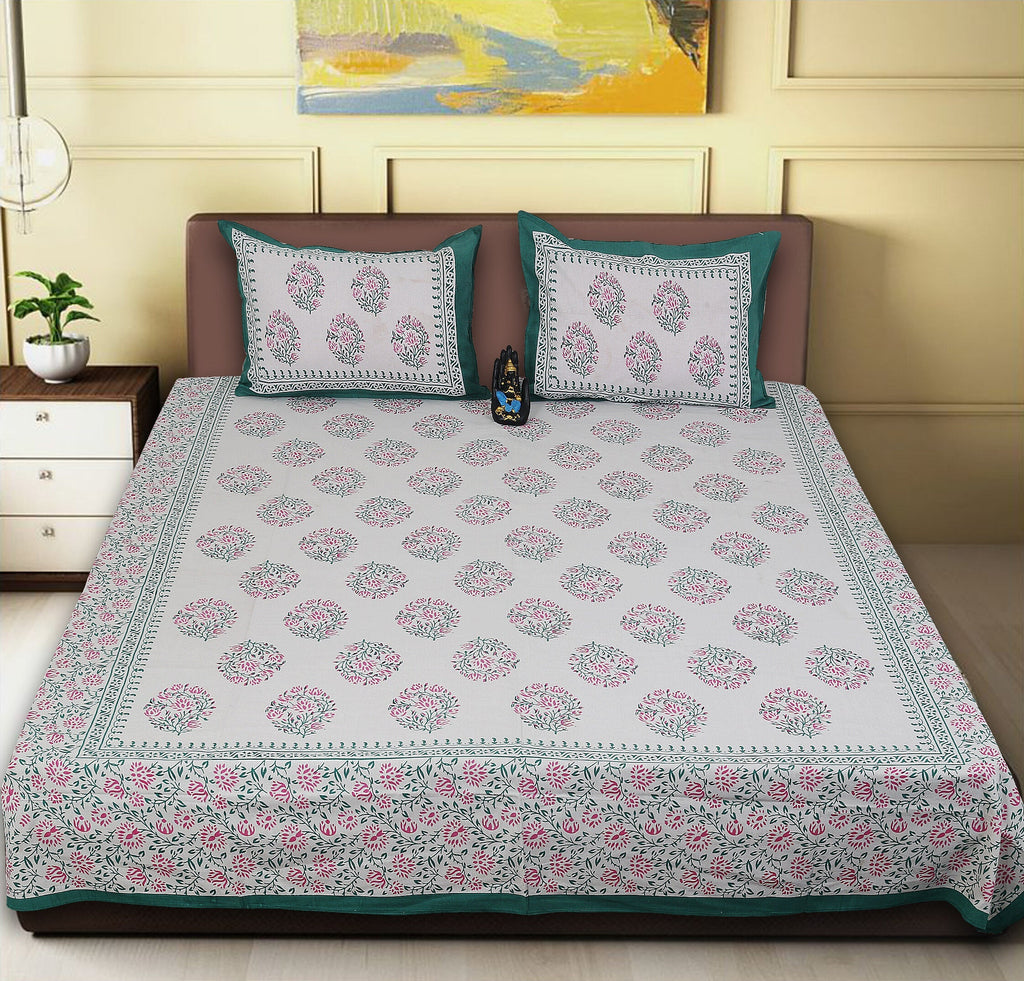 Rudra Bazaar Sea Green 210 TC Cotton Double King Bedsheet With 2 Pillow Covers | Grocsy