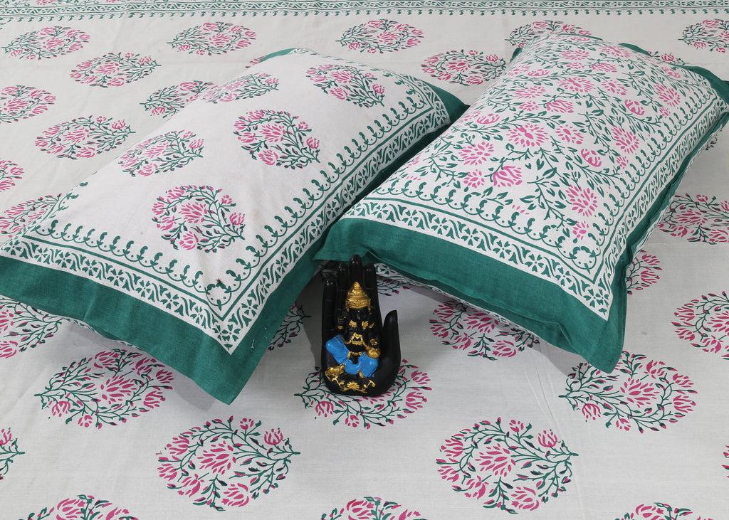 Rudra Bazaar Sea Green 210 TC Cotton Double King Bedsheet With 2 Pillow Covers | Grocsy
