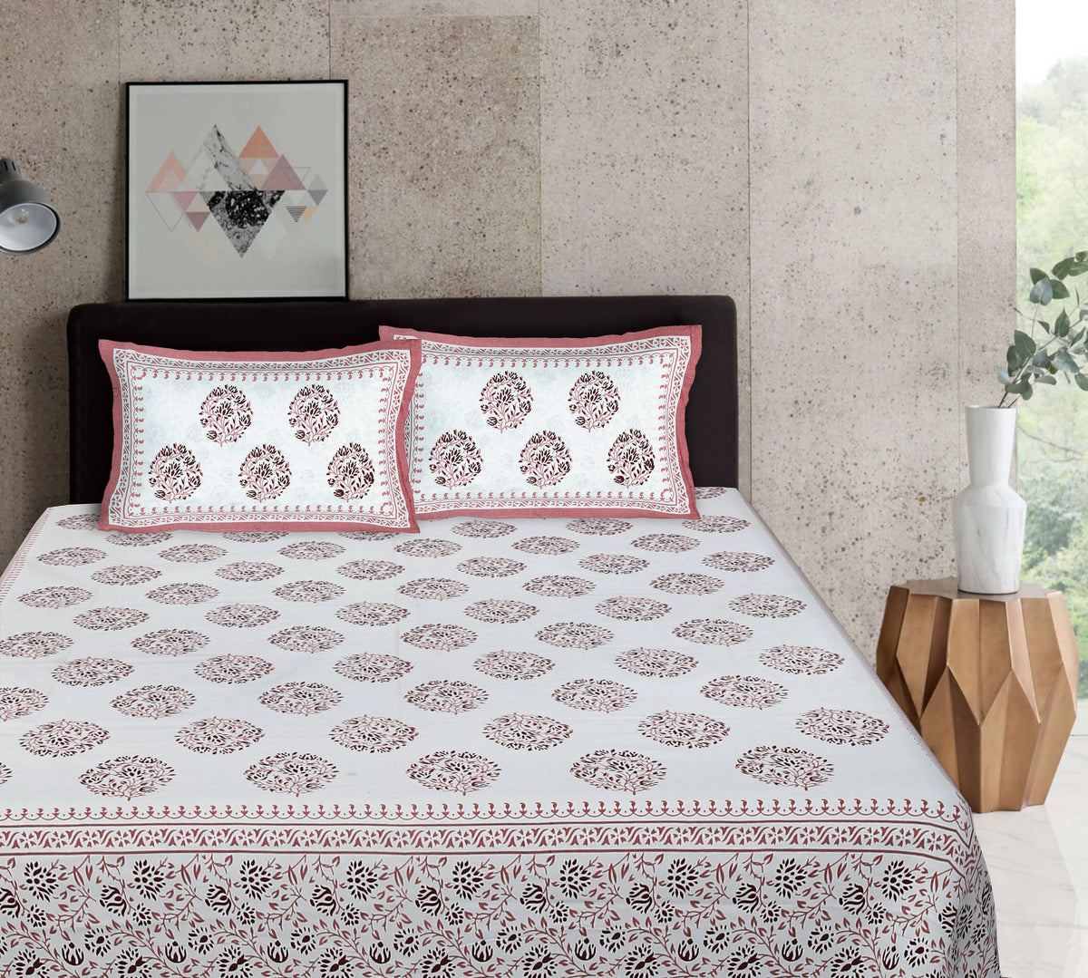Rudra Bazaar Pink 210 TC Cotton Double King Bedsheet With 2 Pillow Covers | Grocsy