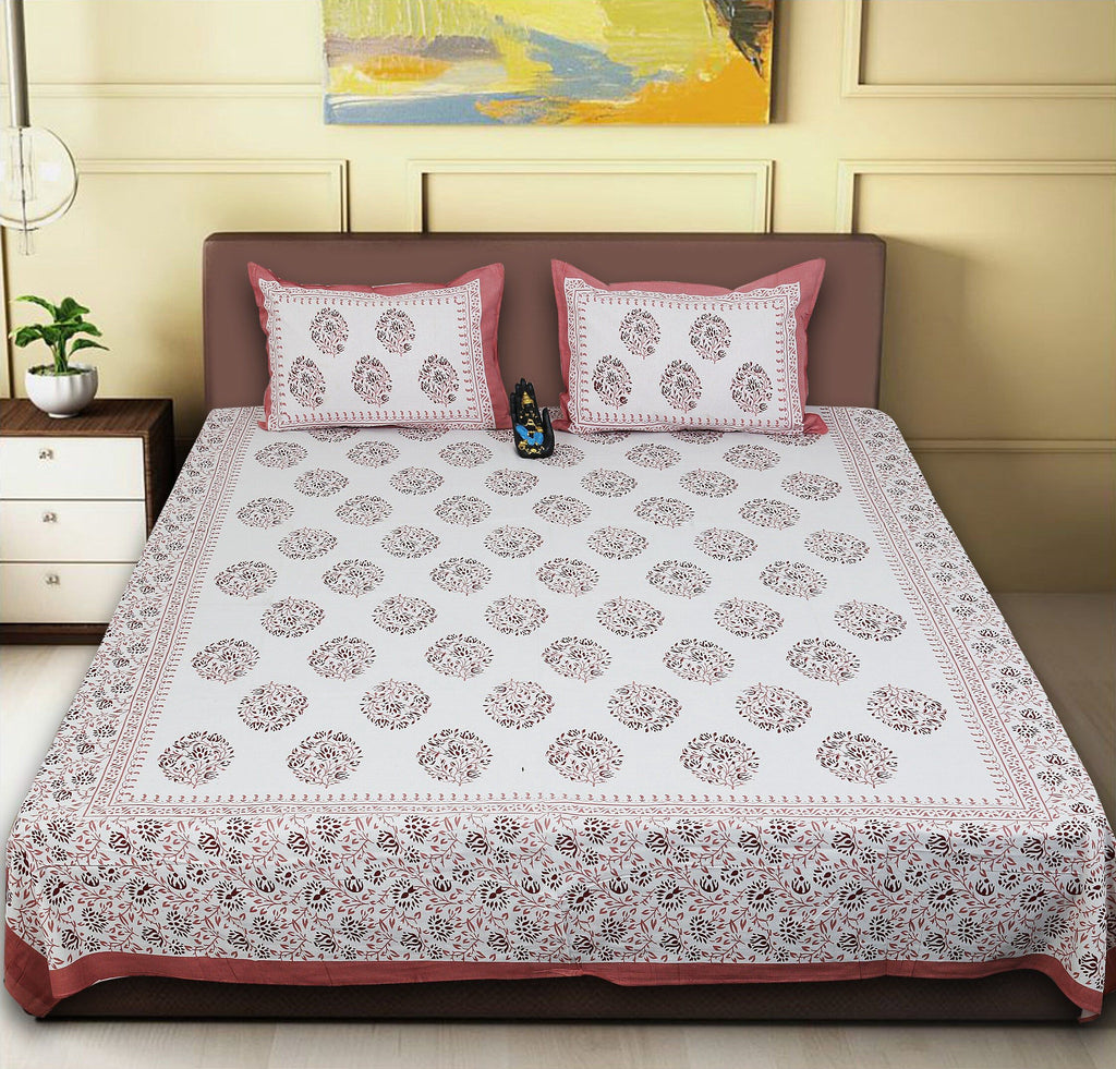 Rudra Bazaar Pink 210 TC Cotton Double King Bedsheet With 2 Pillow Covers | Grocsy