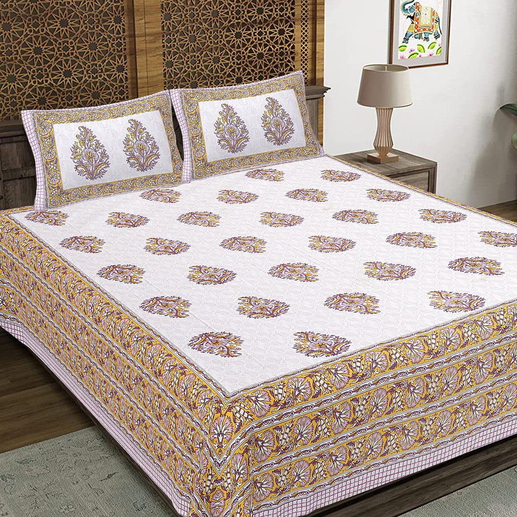 Rudra Bazaar Purple Gold 210 TC Cotton Double King Bedsheet With 2 Pillow Covers | Grocsy