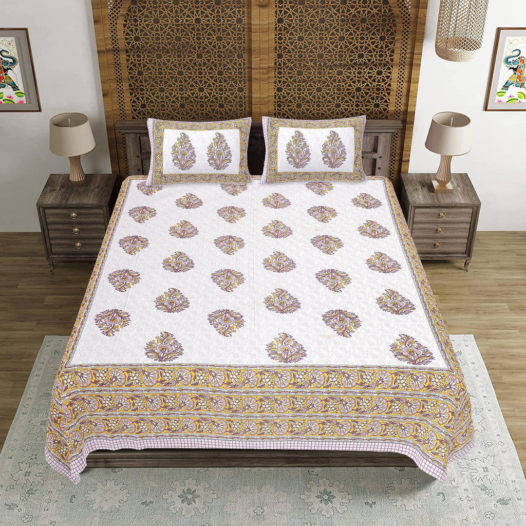 Rudra Bazaar Purple Gold 210 TC Cotton Double King Bedsheet With 2 Pillow Covers | Grocsy