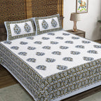 Rudra Bazaar Blue Green 210 TC Cotton Double King Bedsheet With 2 Pillow Covers | Grocsy