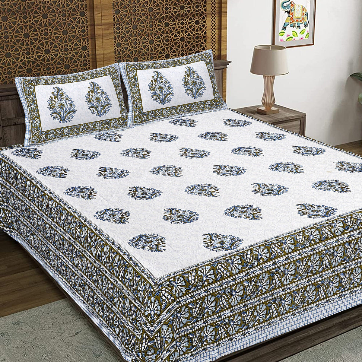 Rudra Bazaar Blue Green 210 TC Cotton Double King Bedsheet With 2 Pillow Covers | Grocsy