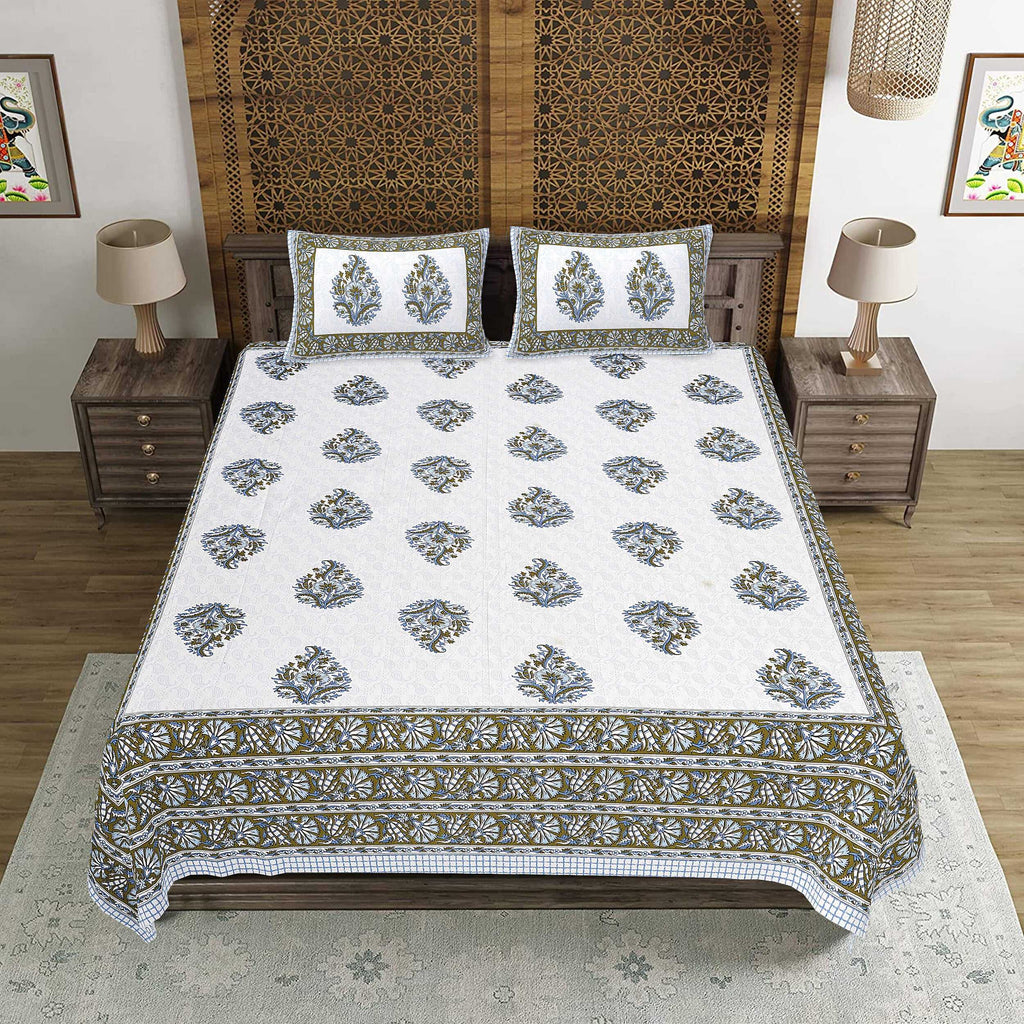 Rudra Bazaar Blue Green 210 TC Cotton Double King Bedsheet With 2 Pillow Covers | Grocsy