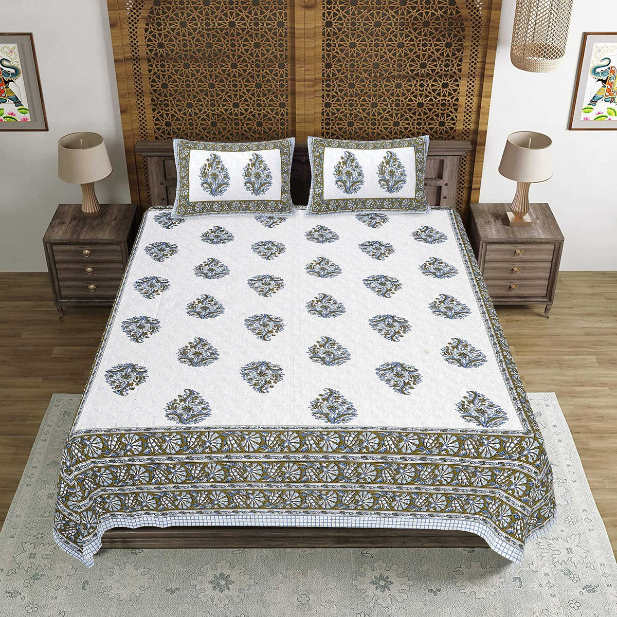 Rudra Bazaar Blue Green 210 TC Cotton Double King Bedsheet With 2 Pillow Covers | Grocsy