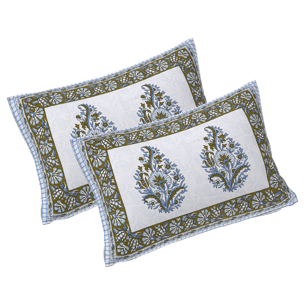 Rudra Bazaar Blue Green 210 TC Cotton Double King Bedsheet With 2 Pillow Covers | Grocsy