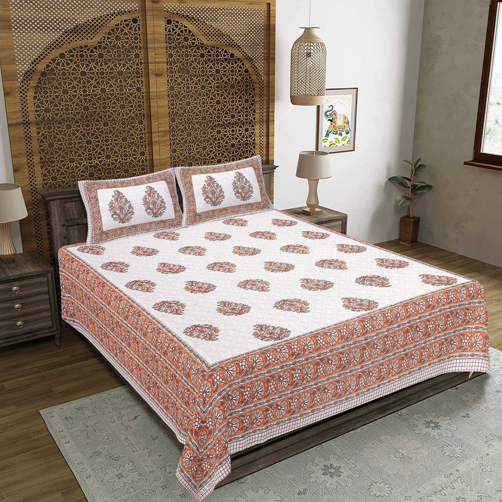 Rudra Bazaar Orange 210 TC Cotton Double King Bedsheet With 2 Pillow Covers | Grocsy
