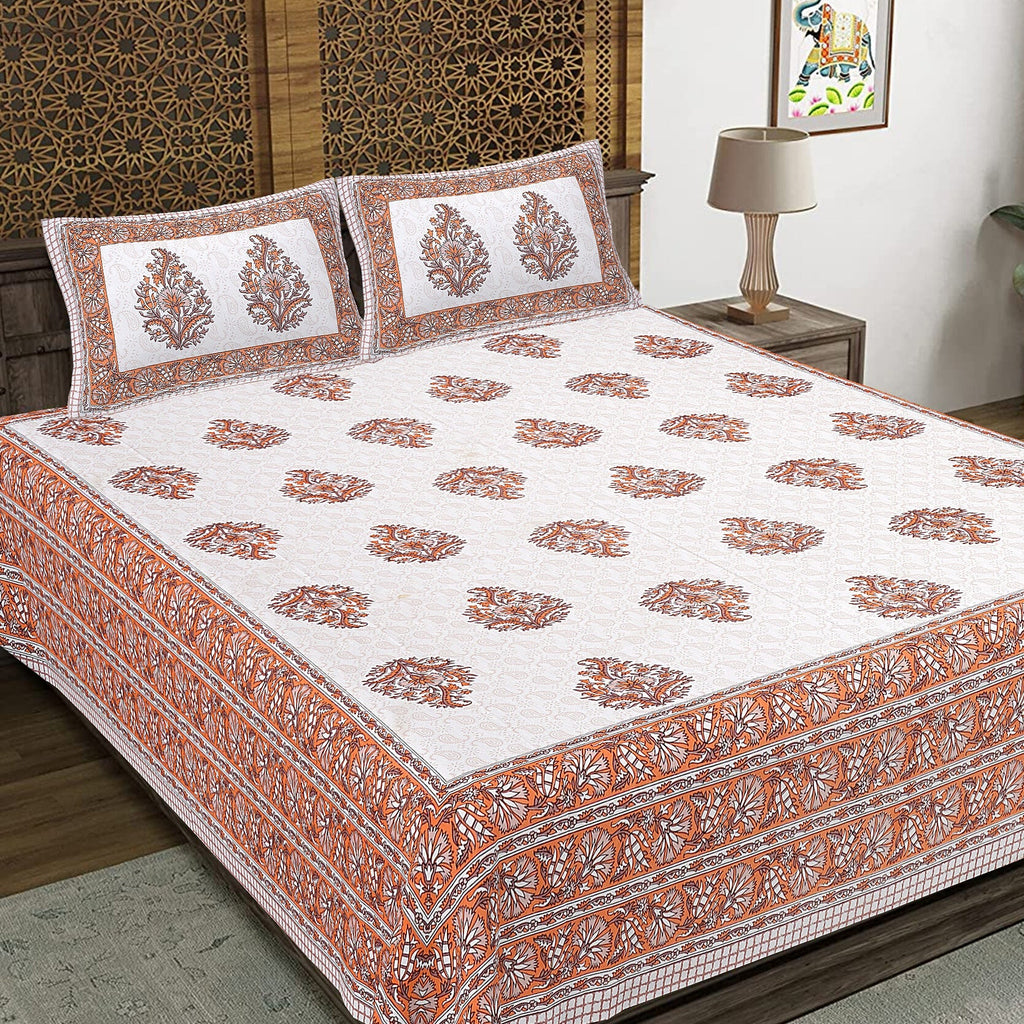 Rudra Bazaar Orange 210 TC Cotton Double King Bedsheet With 2 Pillow Covers | Grocsy