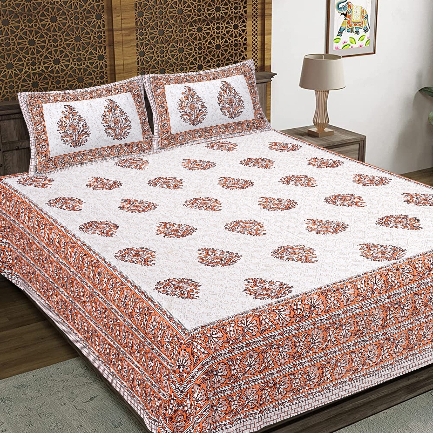 Rudra Bazaar Orange 210 TC Cotton Double King Bedsheet With 2 Pillow Covers | Grocsy