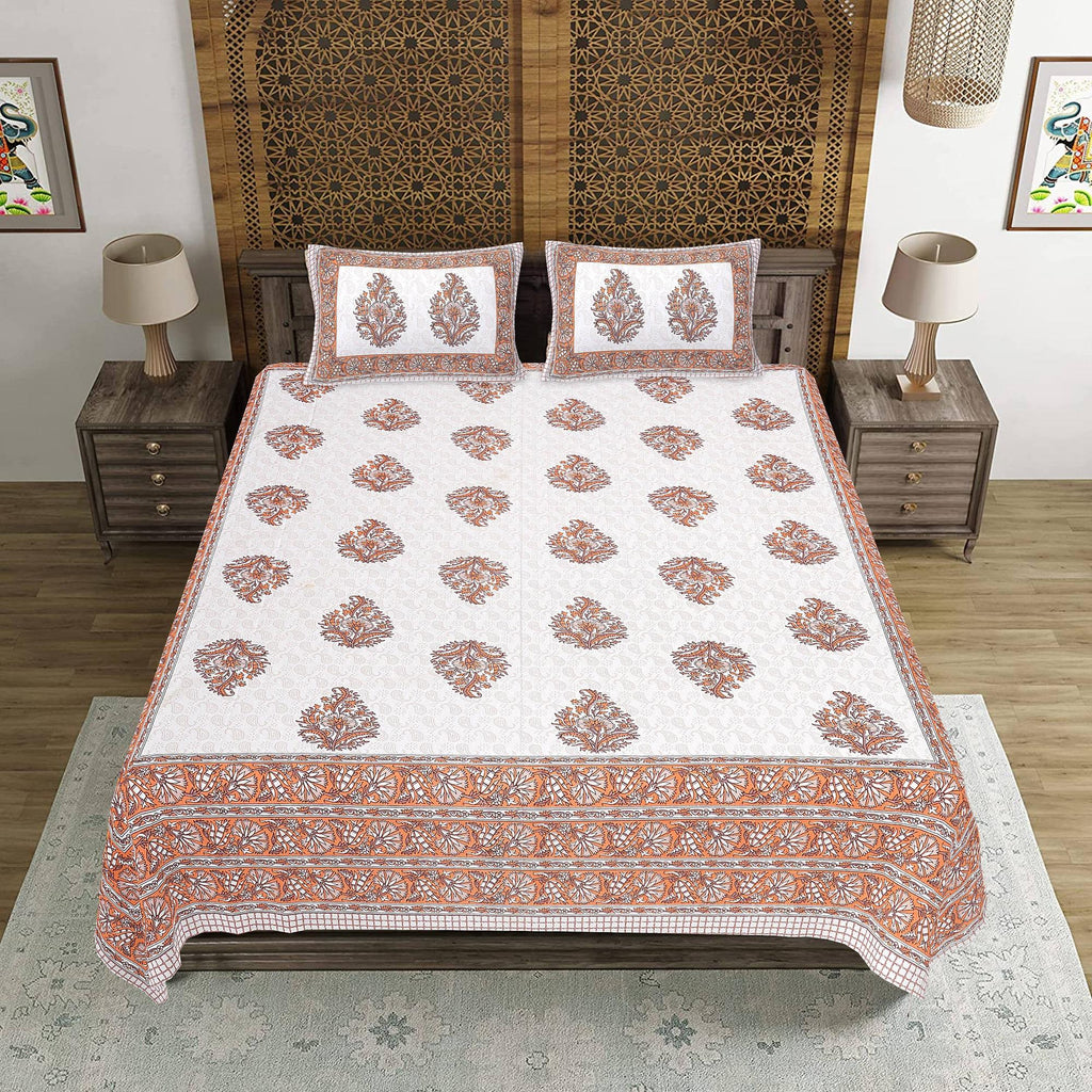 Rudra Bazaar Orange 210 TC Cotton Double King Bedsheet With 2 Pillow Covers | Grocsy