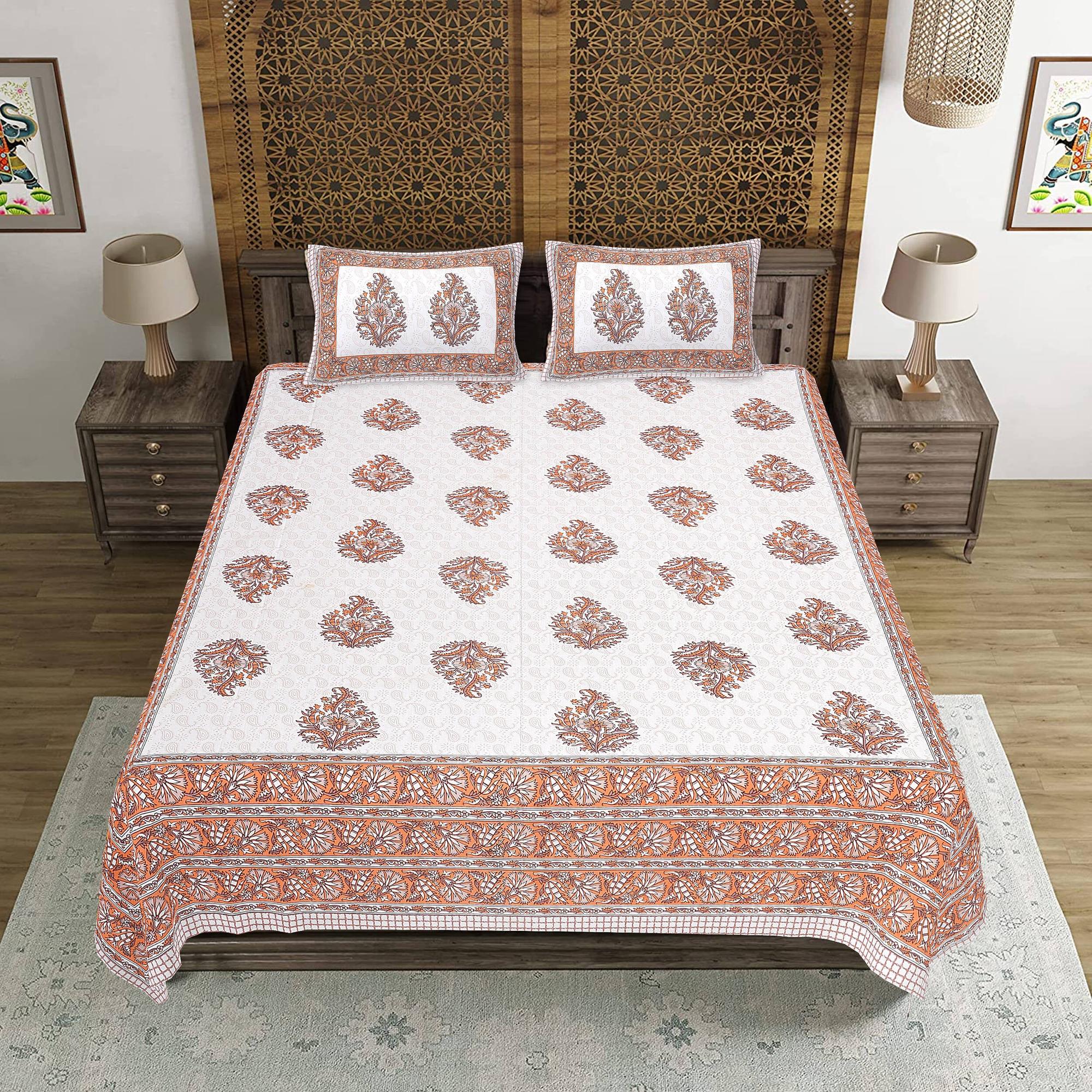 Rudra Bazaar Orange 210 TC Cotton Double King Bedsheet With 2 Pillow Covers | Grocsy