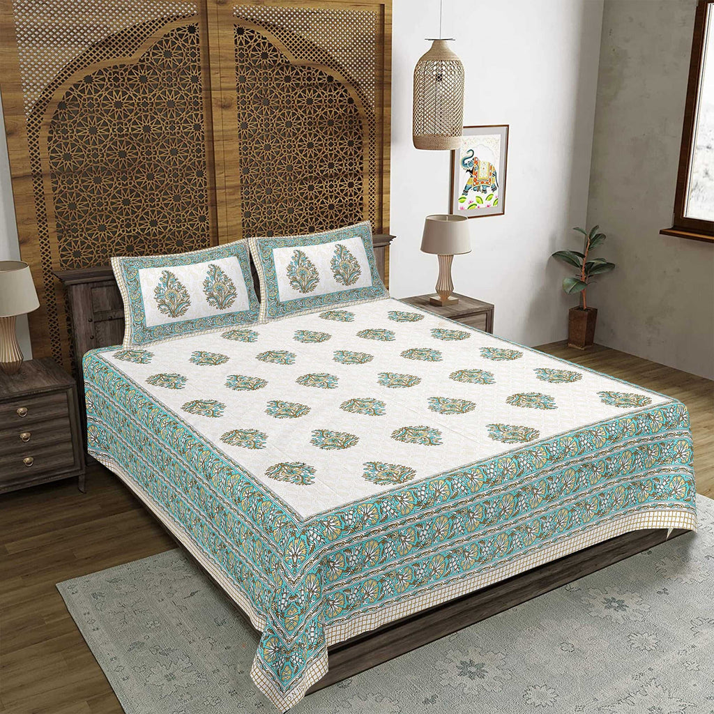 Rudra Bazaar Green 210 TC Cotton Double King Bedsheet With 2 Pillow Covers | Grocsy