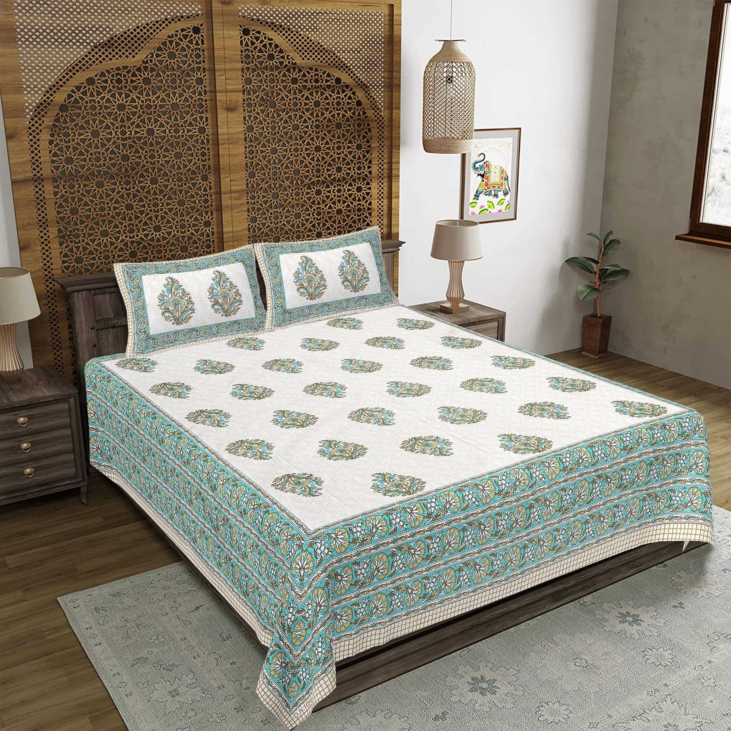 Rudra Bazaar Green 210 TC Cotton Double King Bedsheet With 2 Pillow Covers | Grocsy