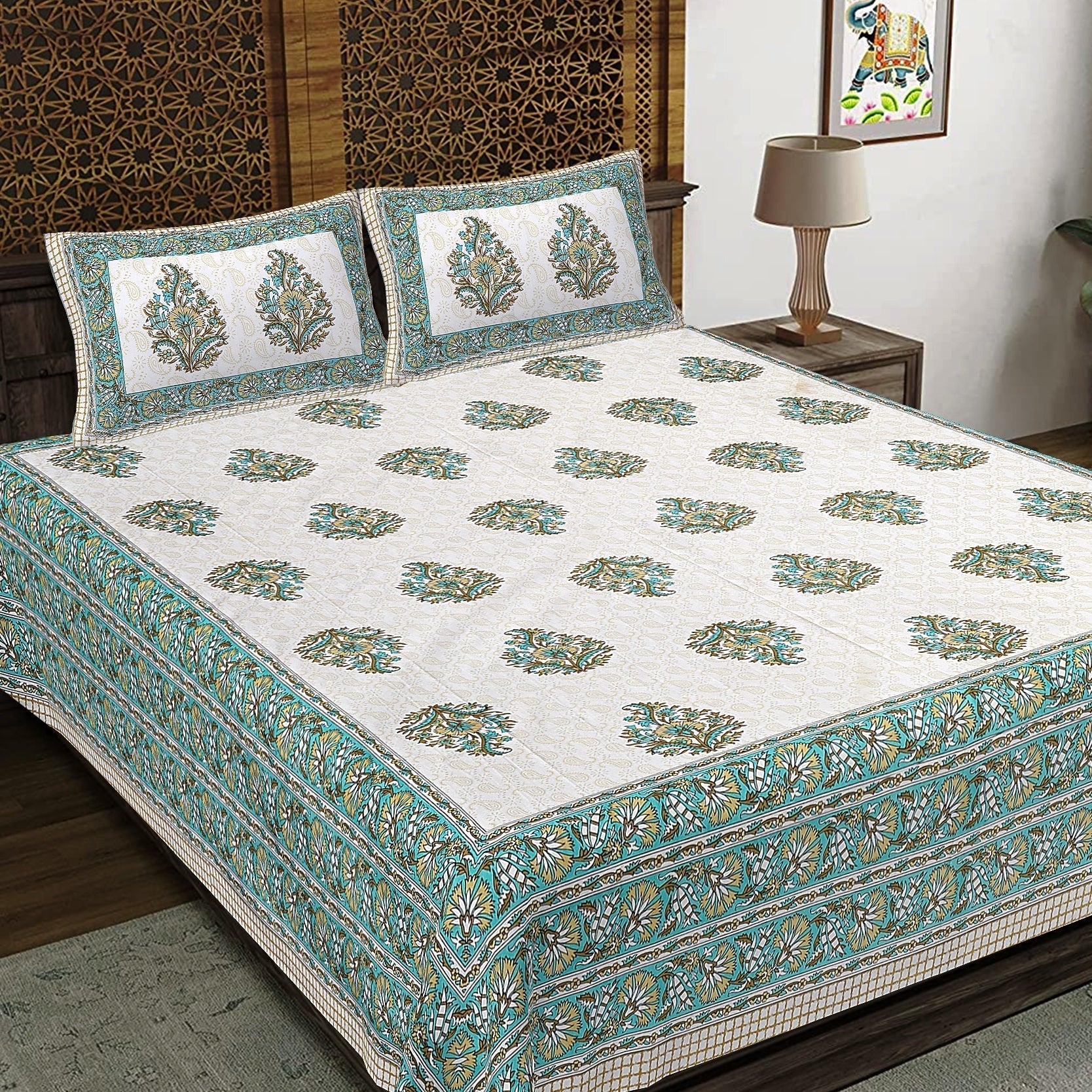 Rudra Bazaar Green 210 TC Cotton Double King Bedsheet With 2 Pillow Covers | Grocsy