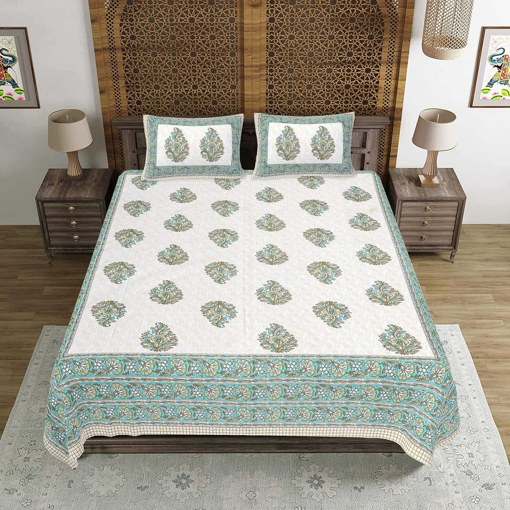Rudra Bazaar Green 210 TC Cotton Double King Bedsheet With 2 Pillow Covers | Grocsy