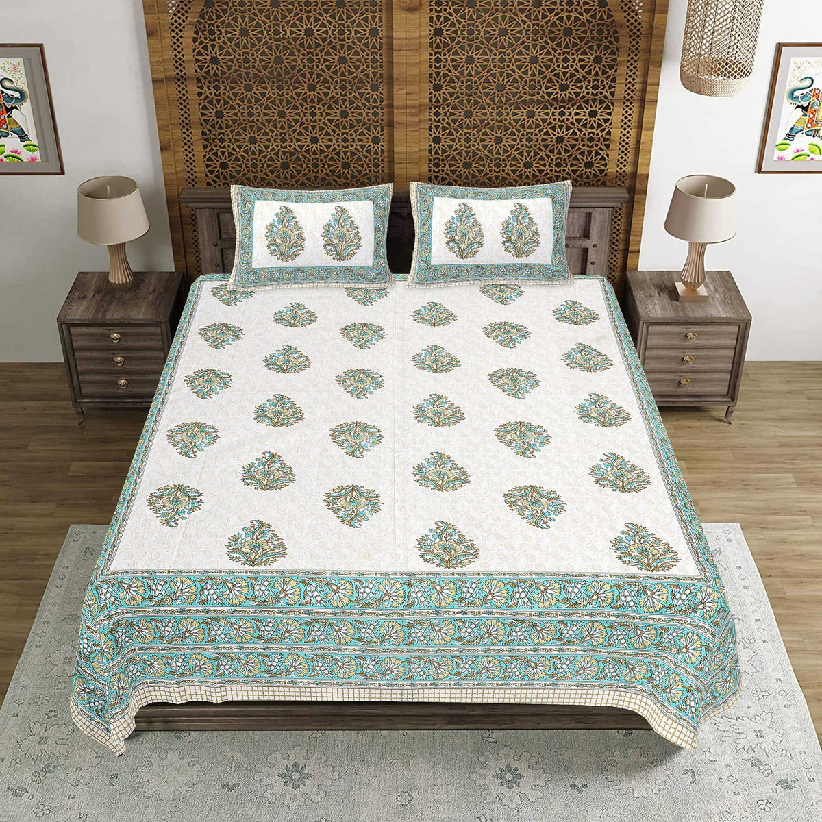 Rudra Bazaar Green 210 TC Cotton Double King Bedsheet With 2 Pillow Covers | Grocsy