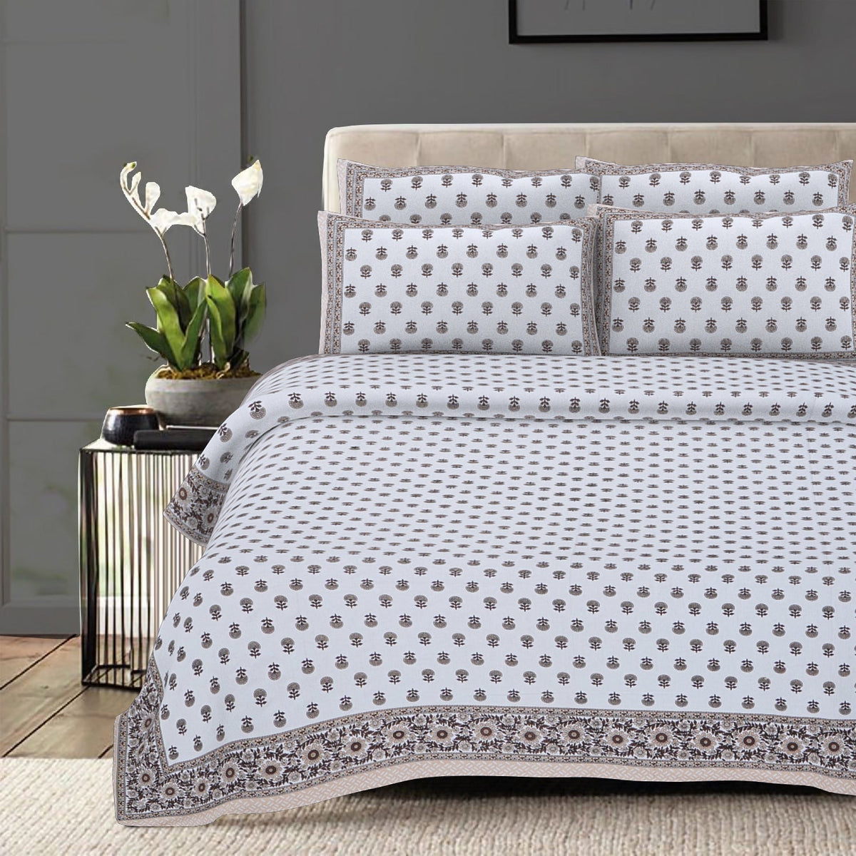 Rudra Bazaar Brown 210 TC Cotton Double King Bedsheet With 2 Pillow Covers | Grocsy