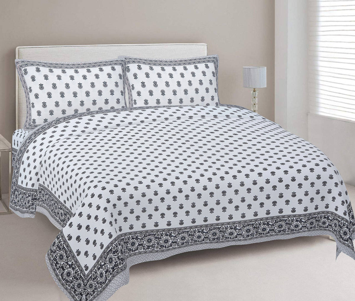 Rudra Bazaar Grey 210 TC Cotton Double King Bedsheet With 2 Pillow Covers | Grocsy