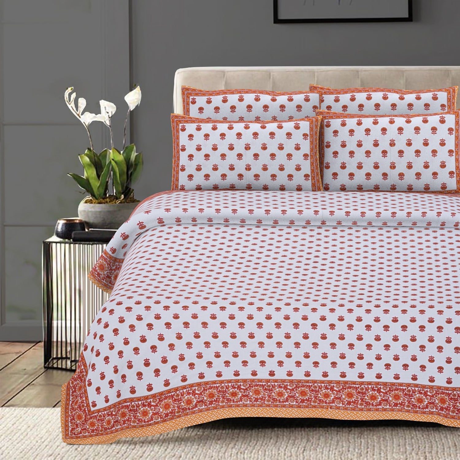 Rudra Bazaar Orange 210 TC Cotton Double King Bedsheet With 2 Pillow Covers | Grocsy