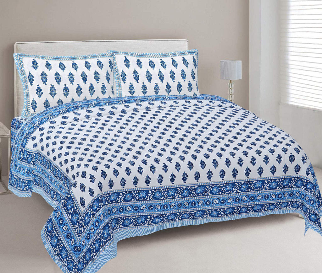 Rudra Bazaar Blue 210 TC Cotton Double King Bedsheet With 2 Pillow Covers | Grocsy