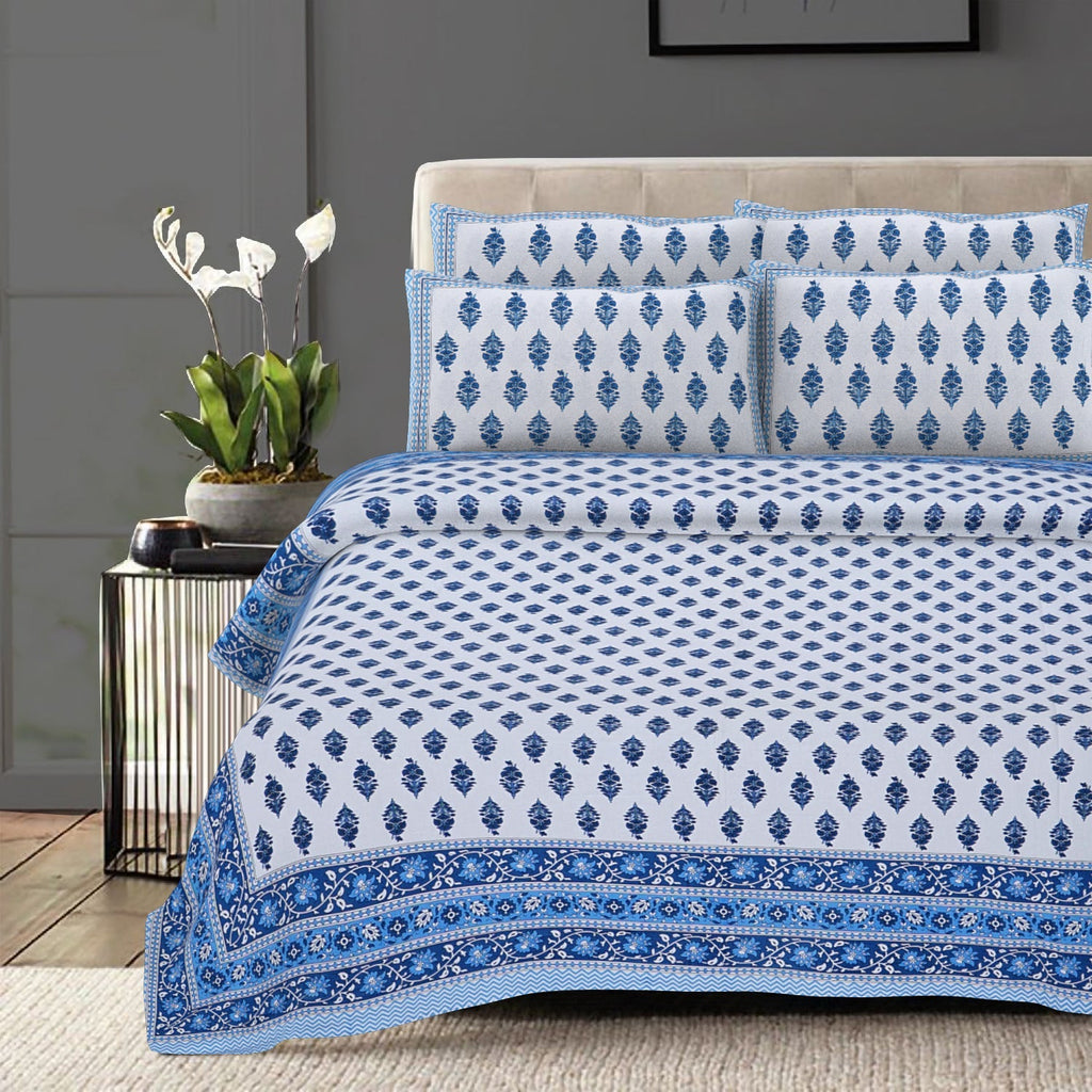 Rudra Bazaar Blue 210 TC Cotton Double King Bedsheet With 2 Pillow Covers | Grocsy