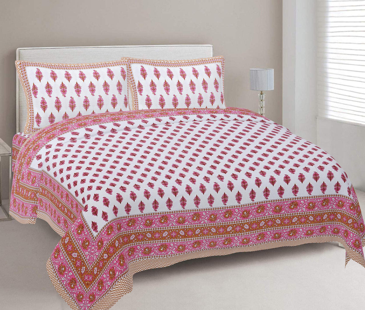 Rudra Bazaar Pink 210 TC Cotton Double King Bedsheet With 2 Pillow Covers | Grocsy