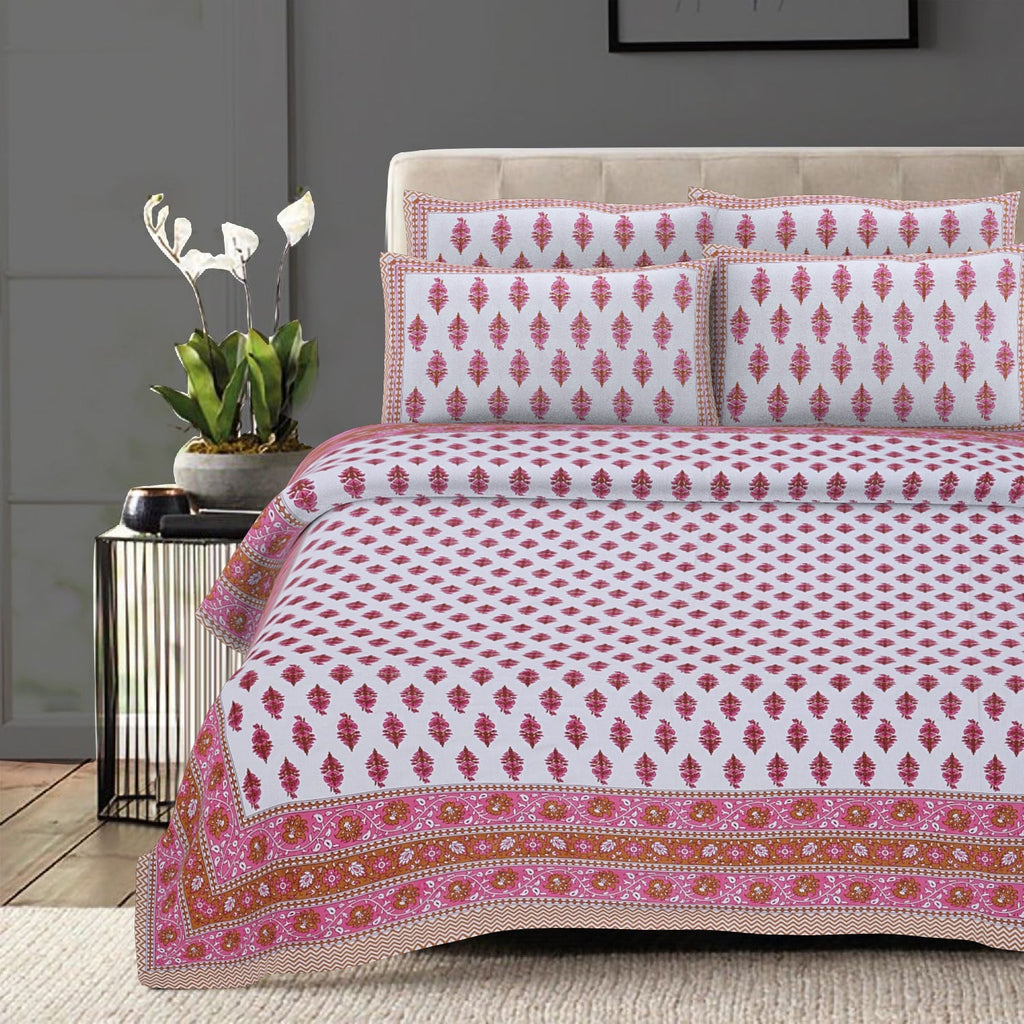 Rudra Bazaar Pink 210 TC Cotton Double King Bedsheet With 2 Pillow Covers | Grocsy