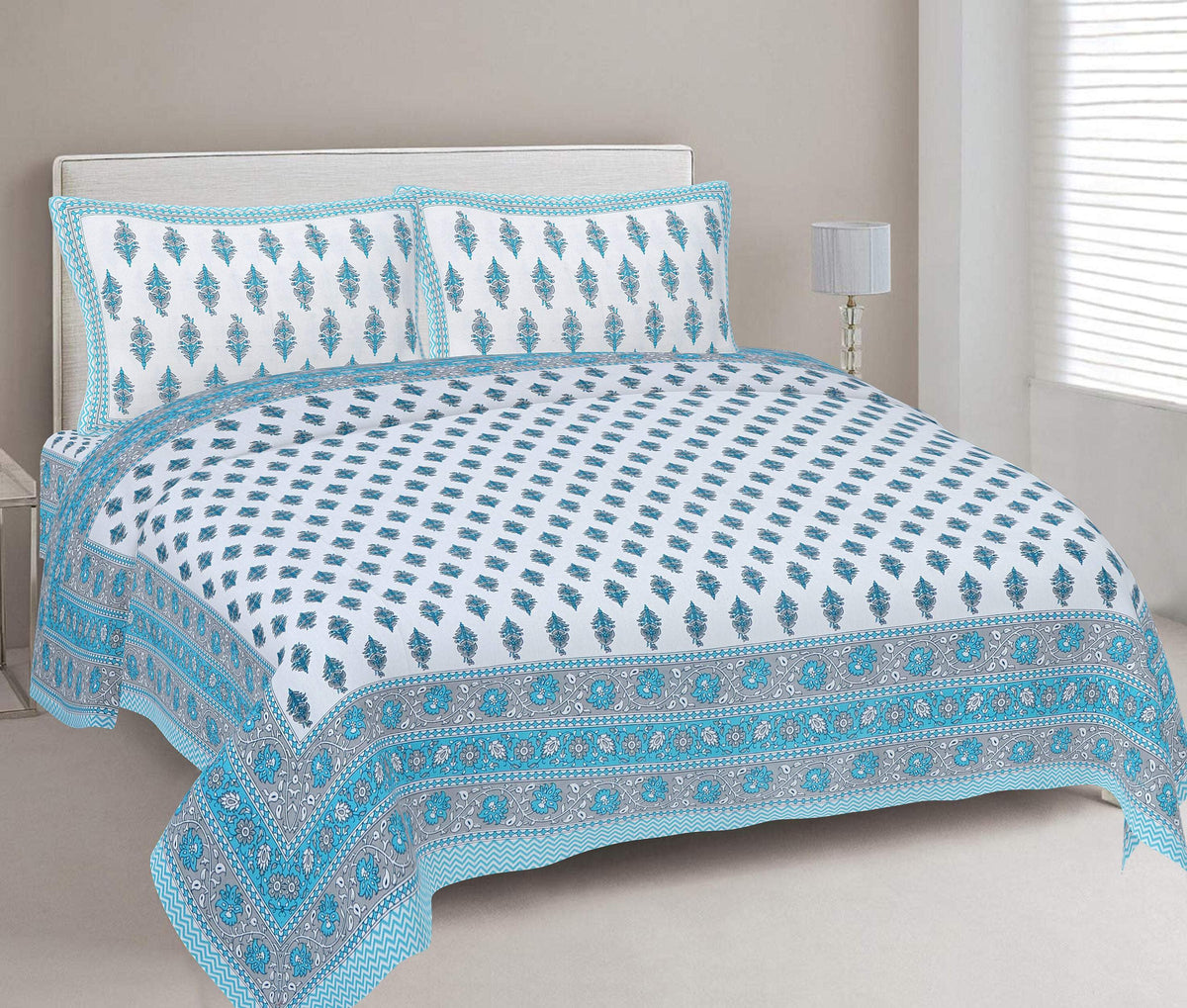 Rudra Bazaar Turquoise Blue 210 TC Cotton Double King Bedsheet With 2 Pillow Covers | Grocsy