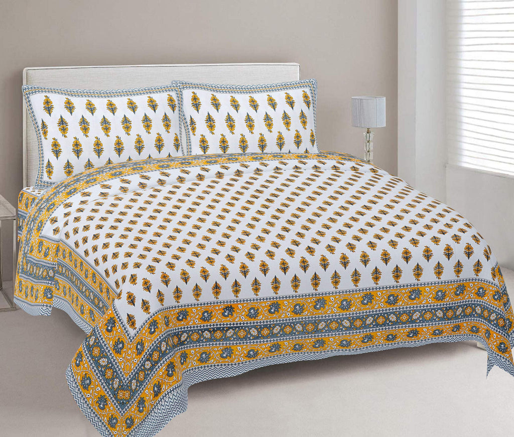 Rudra Bazaar Yellow 210 TC Cotton Double King Bedsheet With 2 Pillow Covers | Grocsy