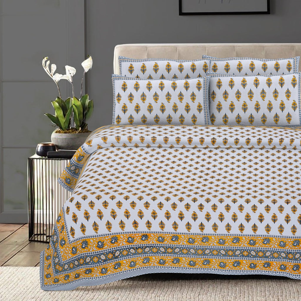 Rudra Bazaar Yellow 210 TC Cotton Double King Bedsheet With 2 Pillow Covers | Grocsy