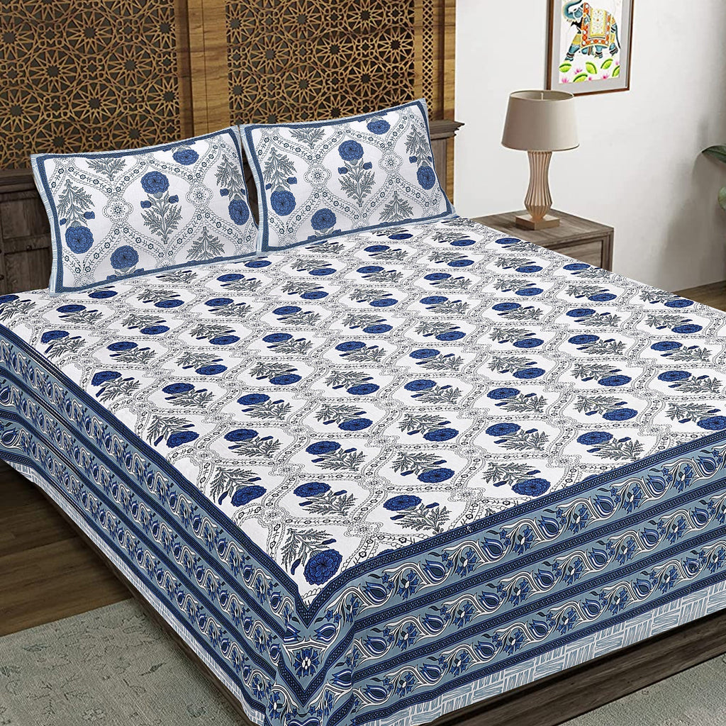 Rudra Bazaar Blue 210 TC Cotton Double King Bedsheet With 2 Pillow Covers | Grocsy