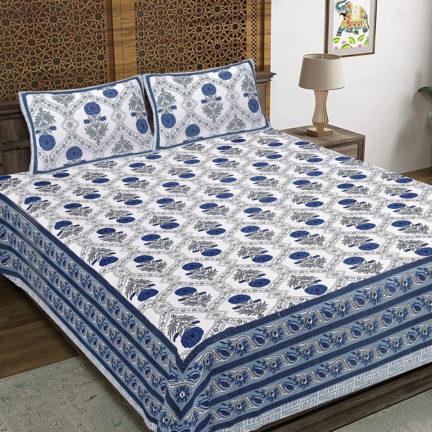 Rudra Bazaar Blue 210 TC Cotton Double King Bedsheet With 2 Pillow Covers | Grocsy