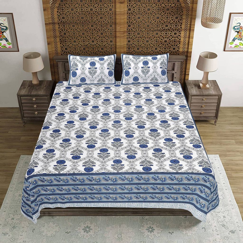 Rudra Bazaar Blue 210 TC Cotton Double King Bedsheet With 2 Pillow Covers | Grocsy