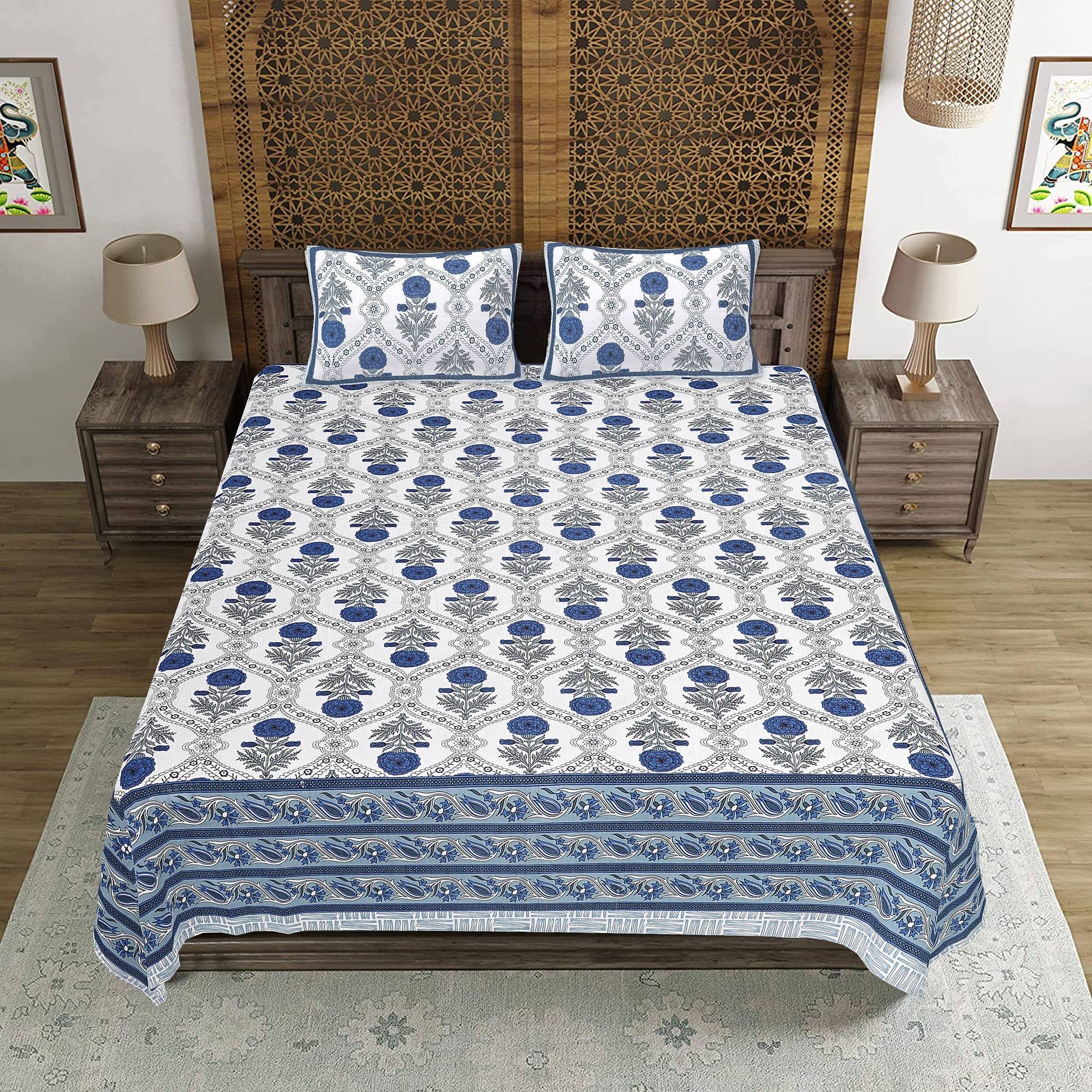 Rudra Bazaar Blue 210 TC Cotton Double King Bedsheet With 2 Pillow Covers | Grocsy