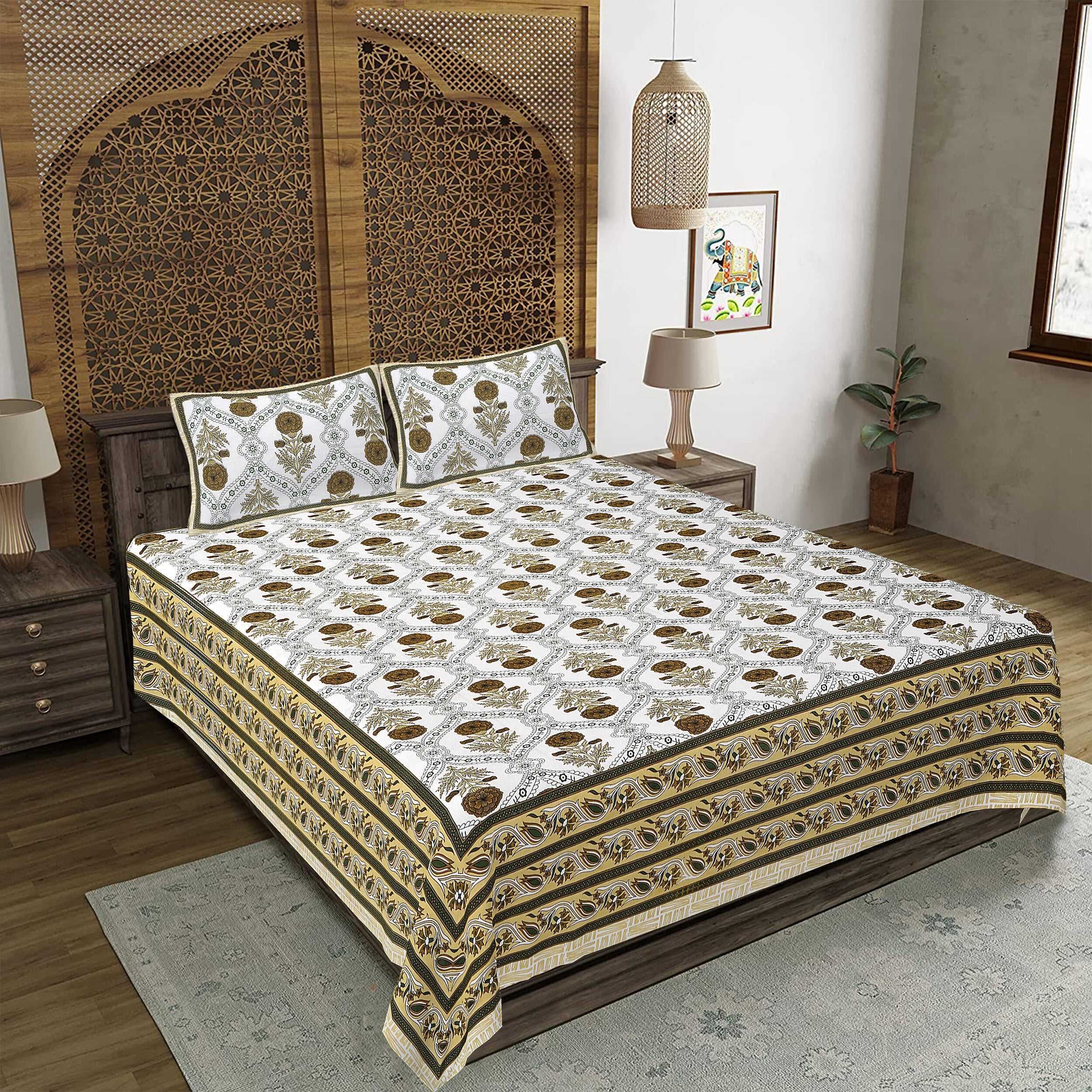 Rudra Bazaar Green 210 TC Cotton Double King Bedsheet With 2 Pillow Covers | Grocsy