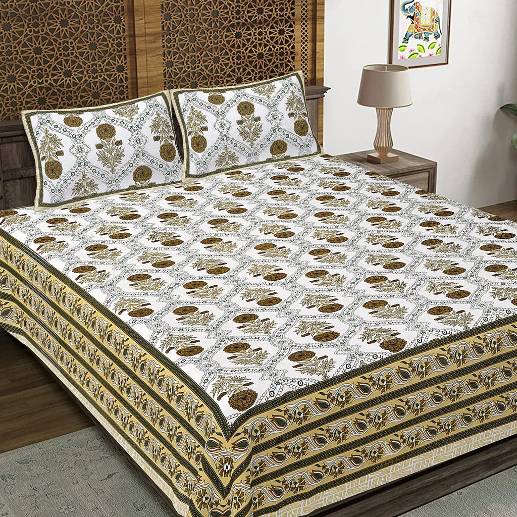 Rudra Bazaar Green 210 TC Cotton Double King Bedsheet With 2 Pillow Covers | Grocsy