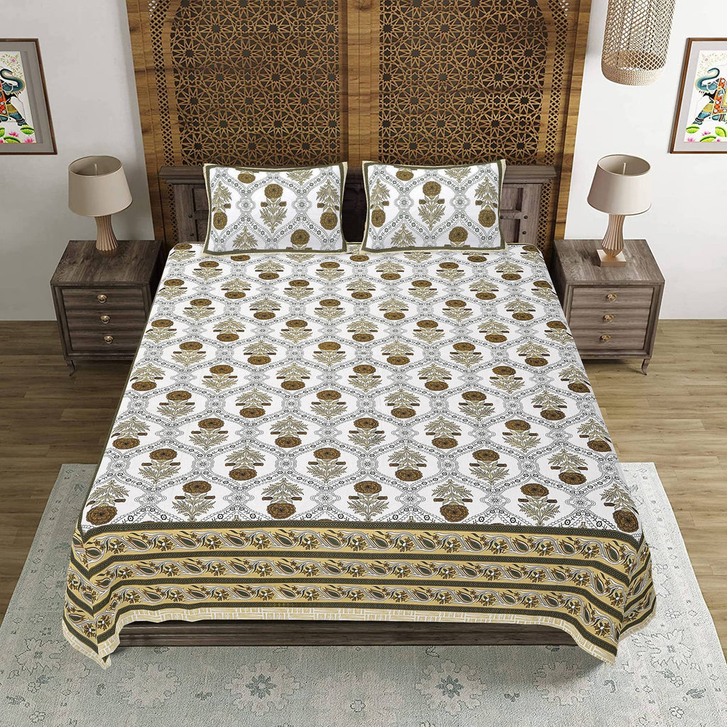 Rudra Bazaar Green 210 TC Cotton Double King Bedsheet With 2 Pillow Covers | Grocsy