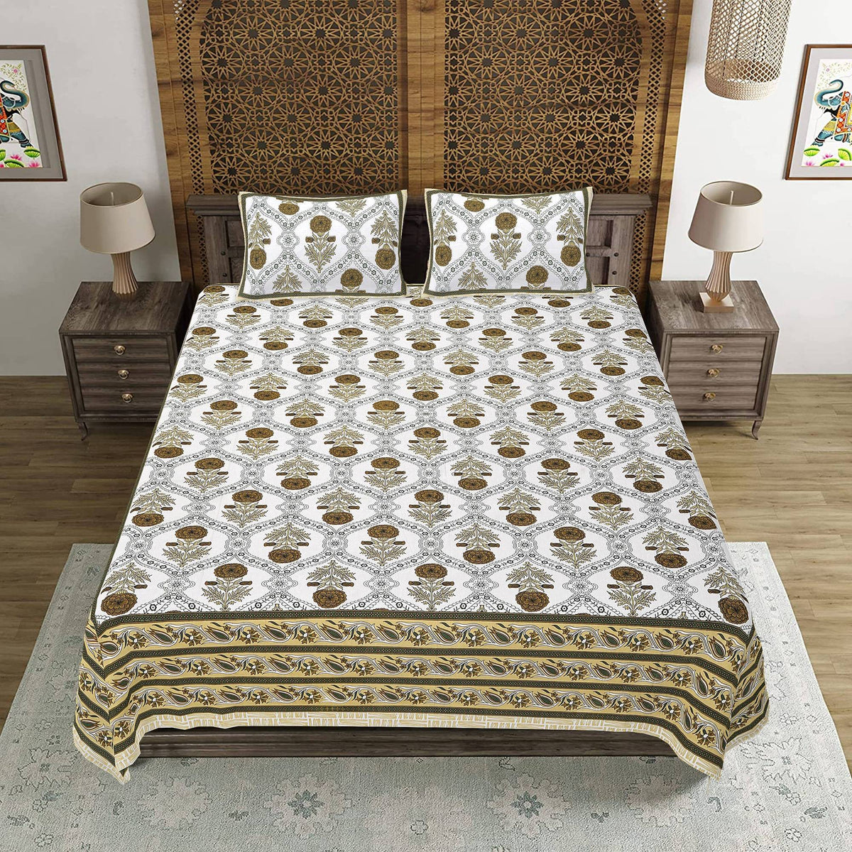 Rudra Bazaar Green 210 TC Cotton Double King Bedsheet With 2 Pillow Covers | Grocsy