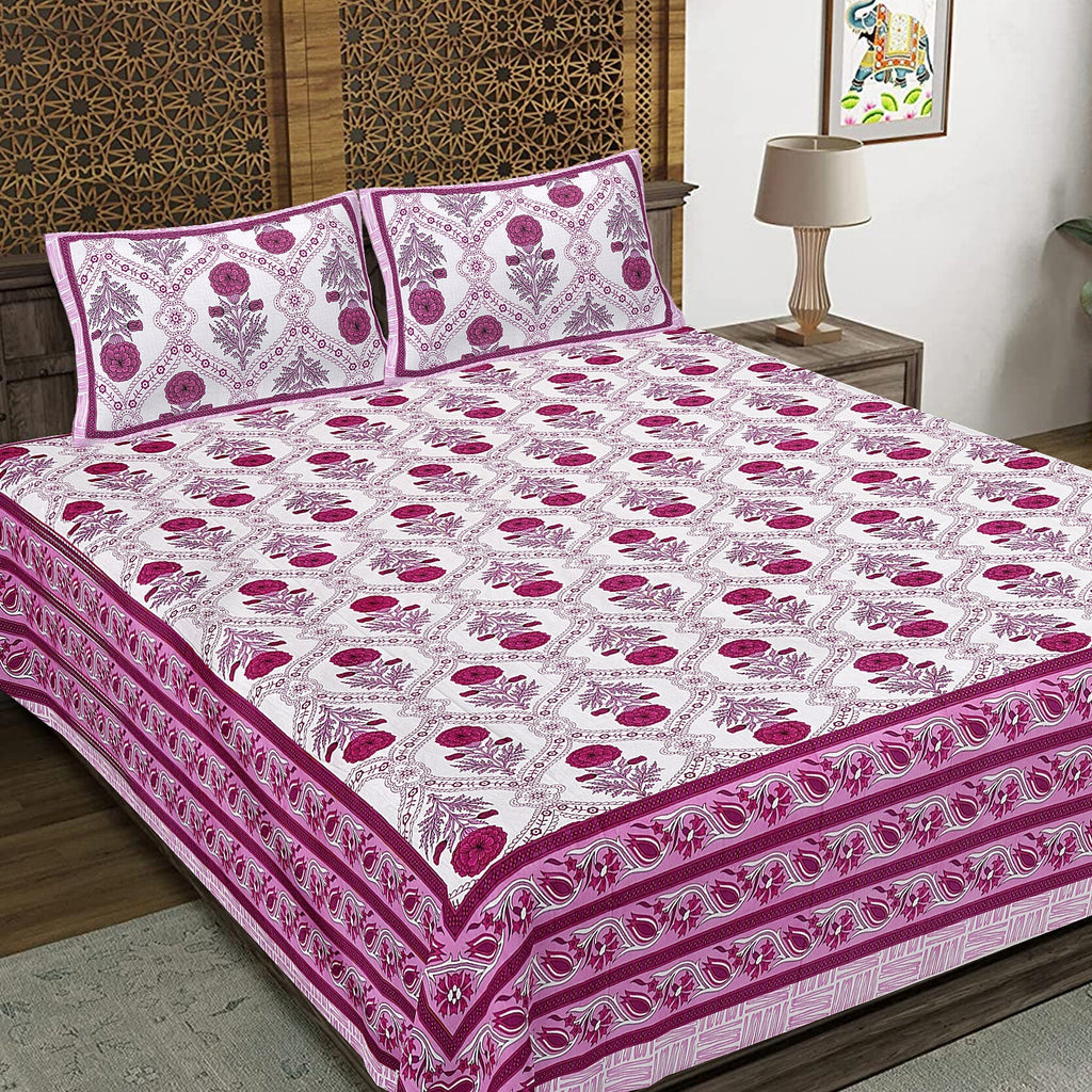 Rudra Bazaar Pink 210 TC Cotton Double King Bedsheet With 2 Pillow Covers | Grocsy